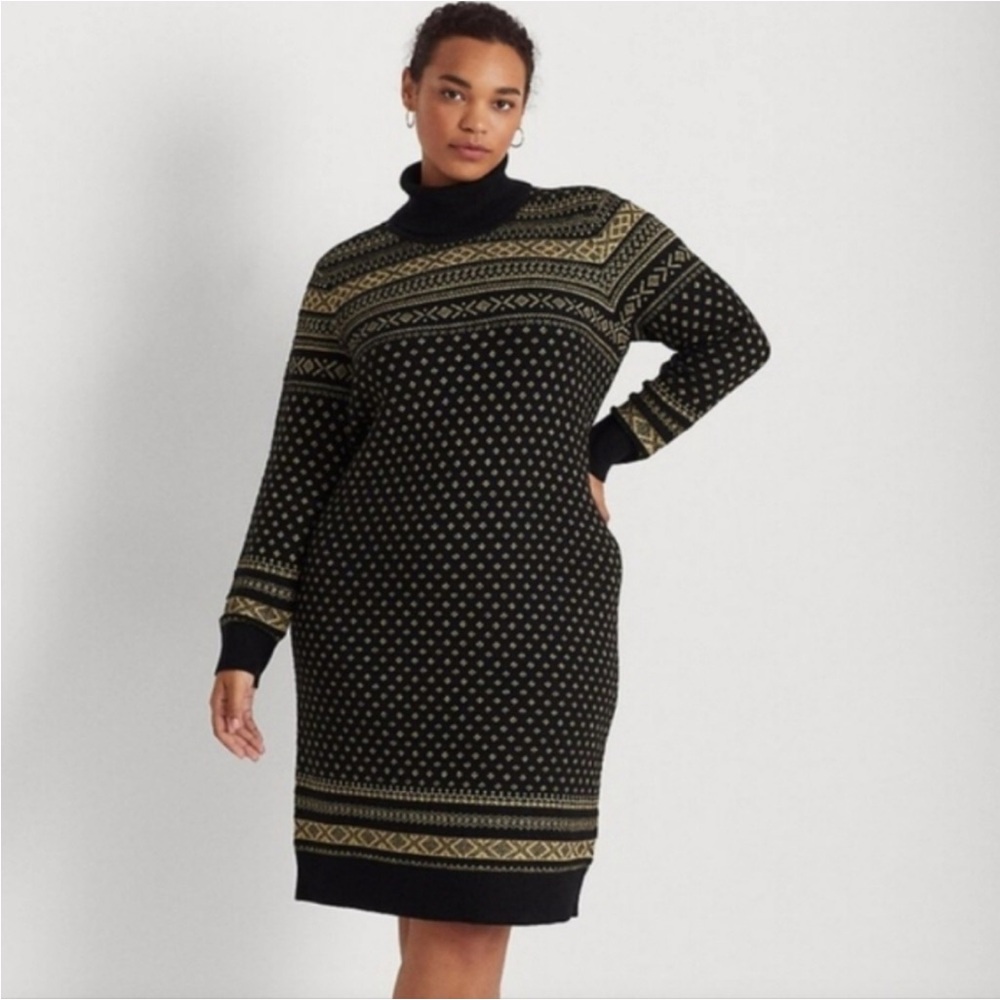 Lauren Ralph Lauren Fair Isle Turtleneck Sweater Dress. Black + gold Size 3X EUC